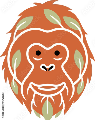 Cartoon Orangutan Face with Leaves.