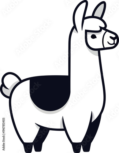 Black and white llama standing alone.