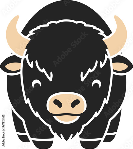 Cartoon black bull with horns face.