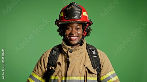 Smiling Female Firefighter in Uniform with Helmet against Green Screen