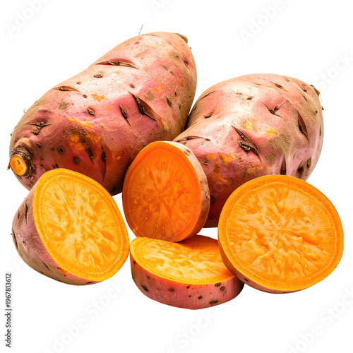 Group of sliced sweet potatoes with bright orange flesh on a dark backdrop showing fresh vibrant colors for healthy eating concepts