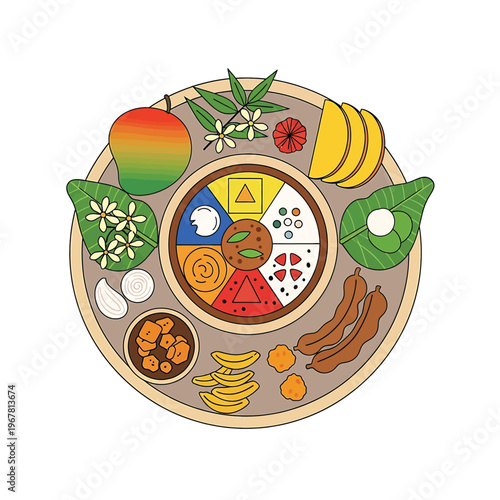 Ayurvedic diet food plate arrangement.