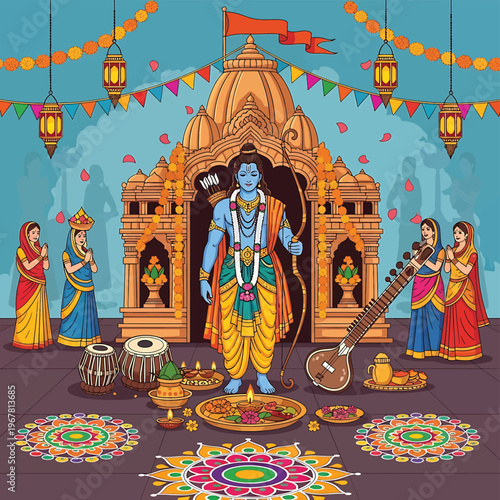 Blue Hindu God Krishna Playing Guitar.