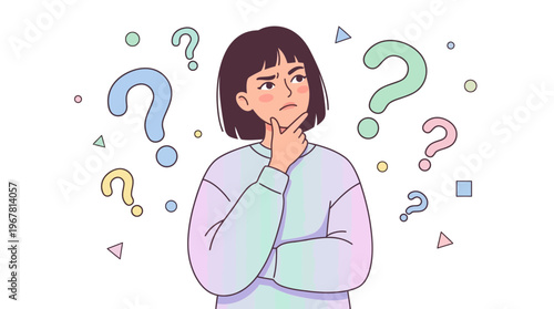 Illustration of a confused female marketing executive thinking with hand on chin surrounded by colorful question marks, ideal for problem solving, decision making and business strategy