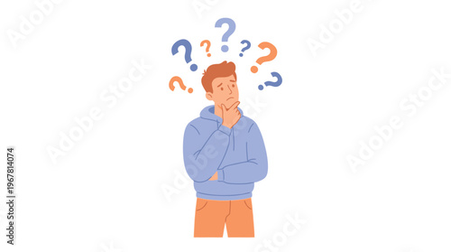 Young creative project manager in casual wear thinking with colorful question marks floating above head on white background, ideal for business analysis, problem solving and planning