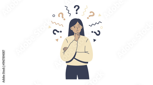 Confused female office manager thinking deeply with question marks above her head on white background, ideal for problem solving tips, business decision making and corporate career blogs