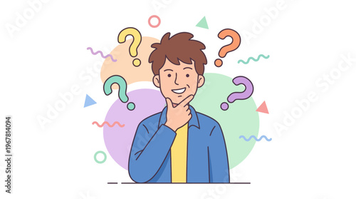 Smiling creative project manager thinking with colorful question mark symbols on abstract background, ideal for educational content, problem solving presentations and business decision marketing