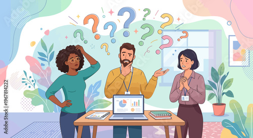 Confused marketing manager and data analysts looking at laptop charts with floating question marks in a colorful office, ideal for business problem solving, training and data analysis