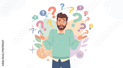 Confused male project manager shrugging shoulders with colorful question marks and light bulb icons, ideal for business problem solving blogs, corporate decision making and educational articles