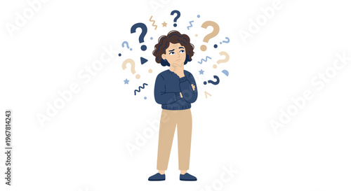 Female creative director standing thoughtfully with hand on chin surrounded by question marks on white background, ideal for business problem solving, decision making and corporate strategy