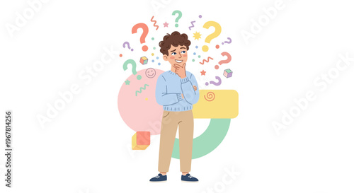 Young creative analyst thinking with colorful question marks and geometric shapes in background, ideal for educational branding, creative business brainstorming and problem solving concept