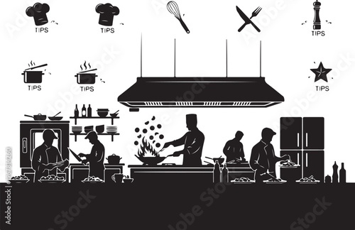 Black and white kitchen scene with chefs cooking and tips