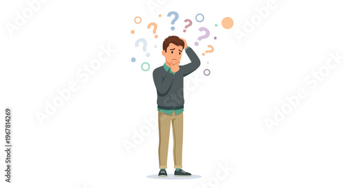 Confused office project manager scratching head with colorful question marks on white background, ideal for problem solving articles, business uncertainty and career decision making