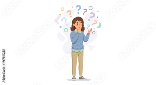 Young female office manager looking confused and thinking with colorful question marks around her, ideal for problem solving presentation, corporate decision making and career development