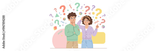 Confused young creative startup marketing managers thinking with colorful question marks symbols, ideal for business problem solving, educational content and professional brainstorming session