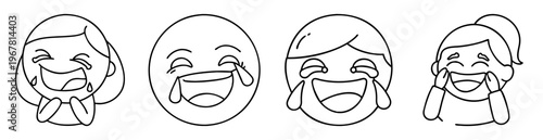 Four cartoon people and smiley face characters laughing hysterically and crying