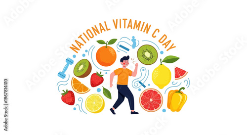 Illustration celebrating National Vitamin C Day with a person surrounded by various fruits and vitamin C rich foods in a colorful design.