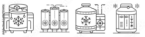 Vector illustration of cryogenics, freezer, liquid nitrogen tank, cryogenic container icons