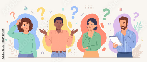 Diverse project managers and analysts looking confused with question marks, ideal for business problem solving concepts, corporate training materials and professional decision making blogs