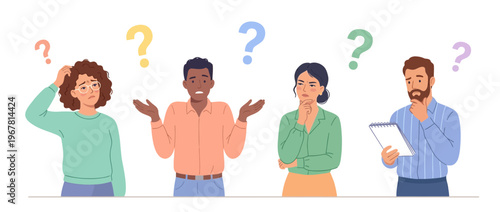 Diverse professional project managers and executives expressing confusion with colorful question marks, ideal for team brainstorming, corporate problem solving and decision making