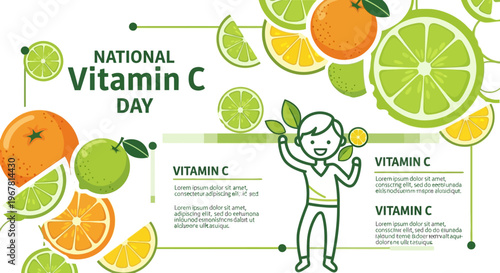 Illustration of a cheerful person holding citrus fruits on National Vitamin C Day with educational text and graphics about vitamin C benefits and sources.