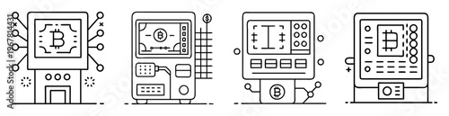 Digital Bitcoin currency transactions at futuristic vending kiosk machines line art