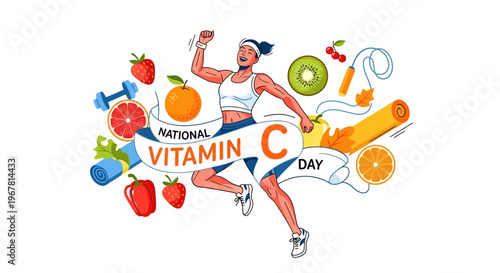 Illustration of a woman celebrating National Vitamin C Day with fruits and supplements in a colorful, dynamic composition.