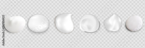 Realistic set of vector strokes of cosmetic cream. Smears of cosmetic white skin cream of various shapes and sizes, isolated on a transparent background. Top view
