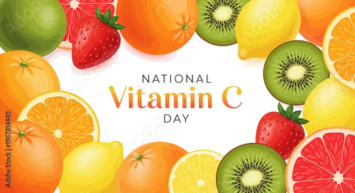 Fresh fruits like oranges, lemons, and kiwis arranged with text 'National Vitamin C Day' on a colorful background, conveying a healthy eating concept with natural vitamin C sources.