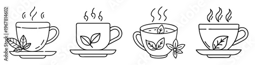 Stylized line art of four different tea cups with aromatic herbs