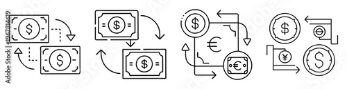 Linear currency exchange icons displaying the global movement of money values