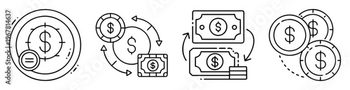 Financial goals icons set, investment strategy, currency exchange and digital banking