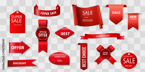 Giveaway tags or labels for social media post. Red announcement 3d banners giveaway contest ribbons.