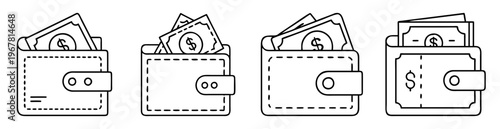 Four linear wallets with money, representing various styles and details