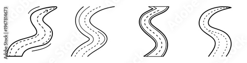 Illustration of four winding roads with different lane markings and end shapes