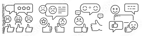Customer Satisfaction Icons Set Featuring Feedback Emoticons and Thumbs Up Gestures