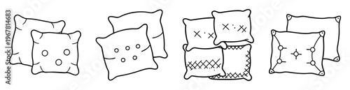 Line art illustration of four pairs of square cushions with different patterns
