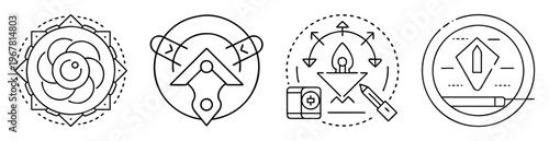 Four outlined and minimalistic abstract symbol designs presented in a horizontal format