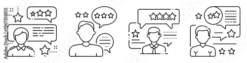 Customer Feedback and Review Icons Showcasing Satisfaction Levels with Star Ratings