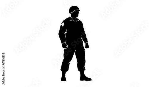 Powerful soldier silhouette side view vector illustration bold stance military figure on white background