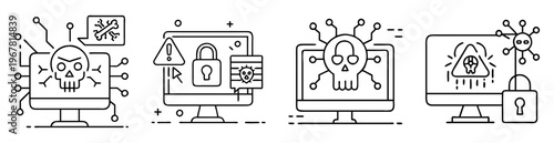 Computer virus attack line drawing style with different types of warnings