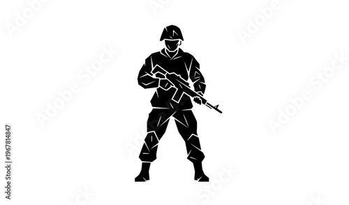 Geometric soldier silhouette vector illustration bold polygon military stance isolated on white background