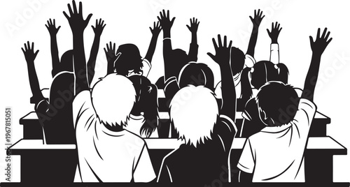 Black and white of people sitting at desks with hands raised
