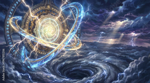 Celestial Clockwork Device Hovering Above a Stormy Vortex