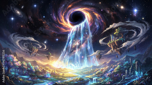 Cosmic Fantasy Landscape with Glowing Waterfall from a Black Hole