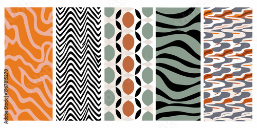 A collection of six vertically arranged brightly colored abstract patterned swatches