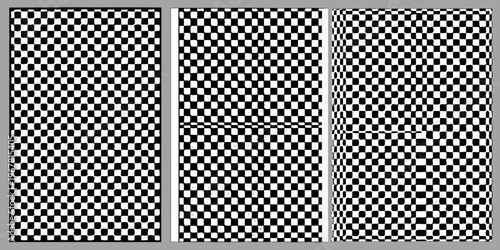 Optical illusion featuring a black and white checkered pattern with wavy lines