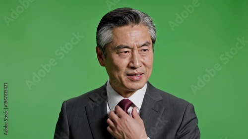 Smiling businessman in formal suit with green screen background