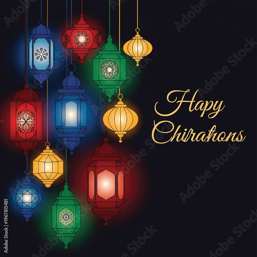 Colorful Lanterns Hanging in Dark Background.