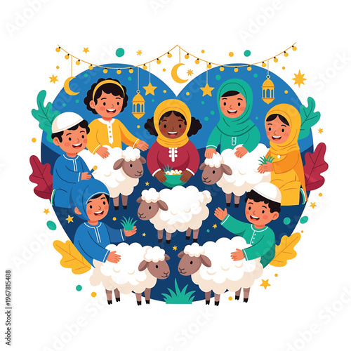 Diverse children with sheep outdoors.